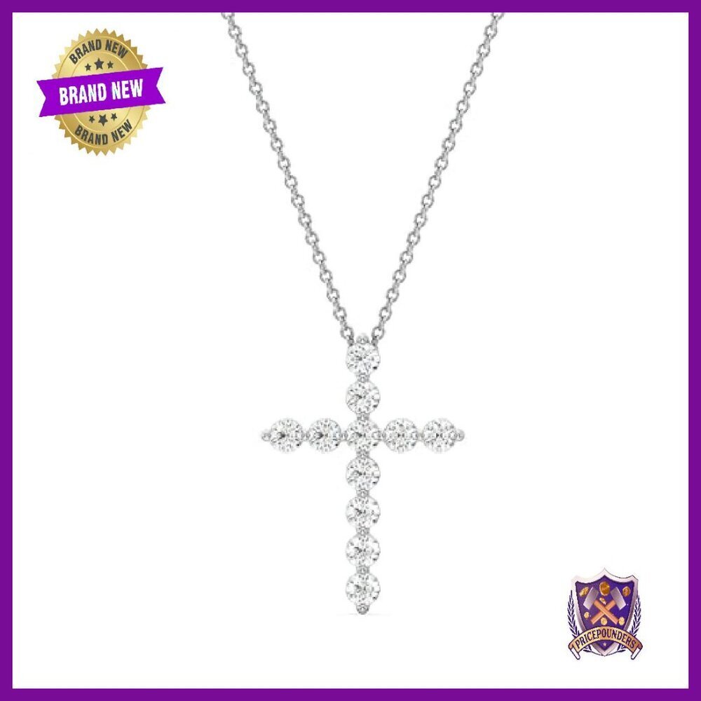 1ct Lab Diamond Cross Pendant Necklace Sterling Silver 18in Chain - Picture 2 of 8